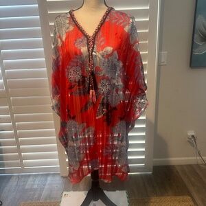 Sea Salt Society Top Red Coverup Kimono Sleeve Floral Sheer Tunic L/XL NWOT